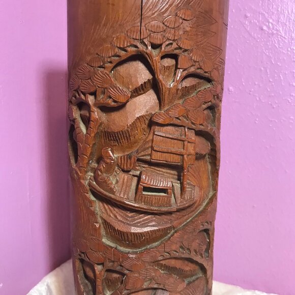 Vintage MCM Mid-Century Modern Wood Lamp * Hand Carved Fishing Water Boat Trees - Picture 4 of 13
